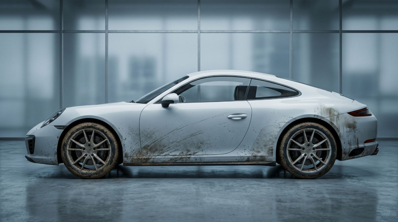 Hvit Porsche før bilvask, med gjørme og veiskitt